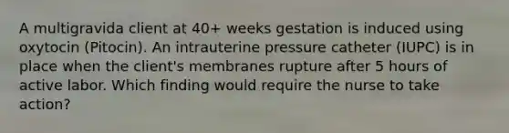 A multigravida client at 40+ weeks gestation is induced using oxytocin (Pitocin). An intrauterine pressure catheter (IUPC) is in place when the client's membranes rupture after 5 hours of active labor. Which finding would require the nurse to take action?