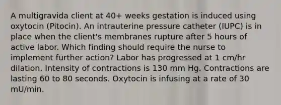 A multigravida client at 40+ weeks gestation is induced using oxytocin (Pitocin). An intrauterine pressure catheter (IUPC) is in place when the client's membranes rupture after 5 hours of active labor. Which finding should require the nurse to implement further action? Labor has progressed at 1 cm/hr dilation. Intensity of contractions is 130 mm Hg. Contractions are lasting 60 to 80 seconds. Oxytocin is infusing at a rate of 30 mU/min.