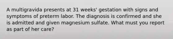 A multigravida presents at 31 weeks' gestation with signs and symptoms of preterm labor. The diagnosis is confirmed and she is admitted and given magnesium sulfate. What must you report as part of her care?