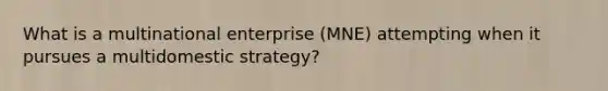 What is a multinational enterprise (MNE) attempting when it pursues a multidomestic strategy?