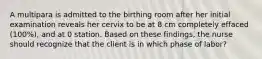 A multipara is admitted to the birthing room after her initial examination reveals her cervix to be at 8 cm completely effaced (100%), and at 0 station. Based on these findings, the nurse should recognize that the client is in which phase of labor?