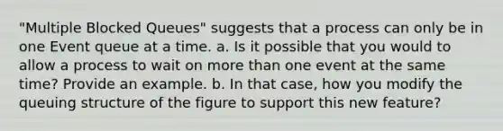 "Multiple Blocked Queues" suggests that a process can only be in one Event queue at a time. a. Is it possible that you would to allow a process to wait on more than one event at the same time? Provide an example. b. In that case, how you modify the queuing structure of the figure to support this new feature?