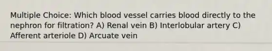 Multiple Choice: Which blood vessel carries blood directly to the nephron for filtration? A) Renal vein B) Interlobular artery C) Afferent arteriole D) Arcuate vein