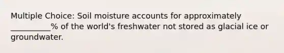 Multiple Choice: Soil moisture accounts for approximately __________% of the world's freshwater not stored as glacial ice or groundwater.