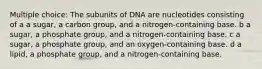 Multiple choice: The subunits of DNA are nucleotides consisting of a a sugar, a carbon group, and a nitrogen-containing base. b a sugar, a phosphate group, and a nitrogen-containing base. c a sugar, a phosphate group, and an oxygen-containing base. d a lipid, a phosphate group, and a nitrogen-containing base.