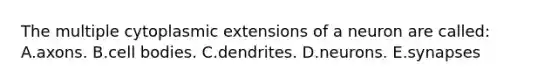 The multiple cytoplasmic extensions of a neuron are called: A.axons. B.cell bodies. C.dendrites. D.neurons. E.synapses