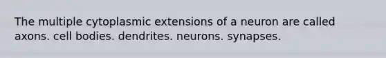 The multiple cytoplasmic extensions of a neuron are called axons. cell bodies. dendrites. neurons. synapses.