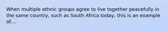 When multiple ethnic groups agree to live together peacefully in the same country, such as South Africa today, this is an example of....