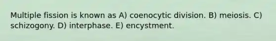 Multiple fission is known as A) coenocytic division. B) meiosis. C) schizogony. D) interphase. E) encystment.