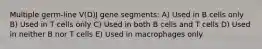 Multiple germ-line V(D)J gene segments: A) Used in B cells only B) Used in T cells only C) Used in both B cells and T cells D) Used in neither B nor T cells E) Used in macrophages only