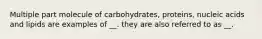 Multiple part molecule of carbohydrates, proteins, nucleic acids and lipids are examples of __. they are also referred to as __.