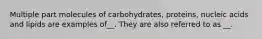 Multiple part molecules of carbohydrates, proteins, nucleic acids and lipids are examples of__. They are also referred to as __.