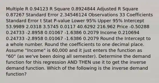 Multiple R 0.94123 R Square 0.8924844 Adjusted R Square 0.87267 Standard Error 2.34546124 Observations 33 Coefficients Standard Error t Stat P-value Lower 95% Upper 95% Intercept 53.9989 2.0318 3.5745 0.0117 40.6292 216.962 Price -0.50288 0.24733 -2.8958 0.01067 -1.6386 0.2079 Income 0.210694 0.24733 -2.8958 0.01067 -1.6386 0.2079 Round the Intercept to a whole number. Round the coefficients to one decimal place. Assume "Income" is 60,000 and it just enters the function as "60" (as we've been doing all semester). Determine the demand function for this regression AND THEN use it to get the inverse demand function. Which of the following is the inverse demand function?