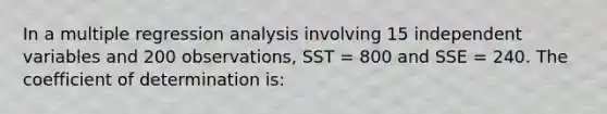 In a multiple regression analysis involving 15 independent variables and 200 observations, SST = 800 and SSE = 240. The coefficient of determination is: