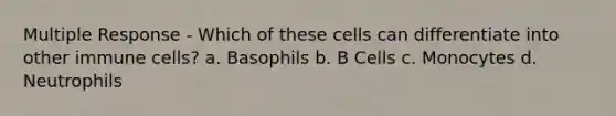 Multiple Response - Which of these cells can differentiate into other immune cells? a. Basophils b. B Cells c. Monocytes d. Neutrophils