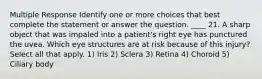 Multiple Response Identify one or more choices that best complete the statement or answer the question. ____ 21. A sharp object that was impaled into a patient's right eye has punctured the uvea. Which eye structures are at risk because of this injury? Select all that apply. 1) Iris 2) Sclera 3) Retina 4) Choroid 5) Ciliary body