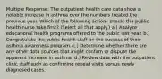 Multiple Response: The outpatient health care data show a notable increase in asthma over the numbers treated the previous year. Which of the following actions should the public health nurse take first? (Select all that apply.) a.) Analyze educational health programs offered to the public last year. b.) Congratulate the public health staff on the success of their asthma awareness program. c.) Determine whether there are any other data sources that might confirm or dispute the apparent increase in asthma. d.) Review data with the outpatient clinic staff such as confirming repeat visits versus newly diagnosed cases.