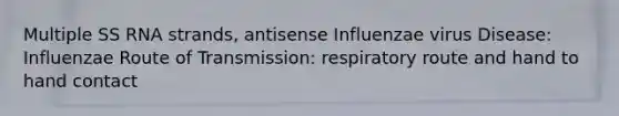 Multiple SS RNA strands, antisense Influenzae virus Disease: Influenzae Route of Transmission: respiratory route and hand to hand contact