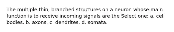 The multiple thin, branched structures on a neuron whose main function is to receive incoming signals are the Select one: a. cell bodies. b. axons. c. dendrites. d. somata.