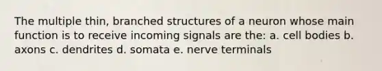 The multiple thin, branched structures of a neuron whose main function is to receive incoming signals are the: a. cell bodies b. axons c. dendrites d. somata e. nerve terminals