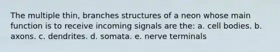 The multiple thin, branches structures of a neon whose main function is to receive incoming signals are the: a. cell bodies. b. axons. c. dendrites. d. somata. e. nerve terminals