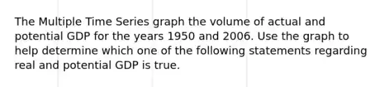 The Multiple Time Series graph the volume of actual and potential GDP for the years 1950 and 2006. Use the graph to help determine which one of the following statements regarding real and potential GDP is true.