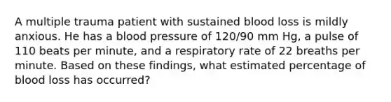 A multiple trauma patient with sustained blood loss is mildly anxious. He has a blood pressure of 120/90 mm Hg, a pulse of 110 beats per minute, and a respiratory rate of 22 breaths per minute. Based on these findings, what estimated percentage of blood loss has occurred?