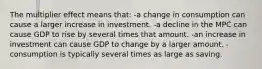 The multiplier effect means that: -a change in consumption can cause a larger increase in investment. -a decline in the MPC can cause GDP to rise by several times that amount. -an increase in investment can cause GDP to change by a larger amount. -consumption is typically several times as large as saving.