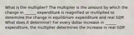 What is the​ multiplier? The multiplier is the amount by which the change in​ ______ expenditure is magnified or multiplied to determine the change in equilibrium expenditure and real GDP. What does it​ determine? For every dollar increase in​ ______ expenditure, the multiplier determines the increase in real GDP.