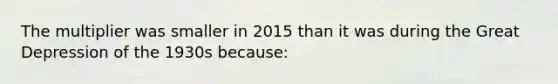 The multiplier was smaller in 2015 than it was during the Great Depression of the 1930s because: