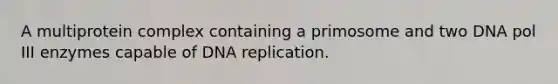 A multiprotein complex containing a primosome and two DNA pol III enzymes capable of DNA replication.