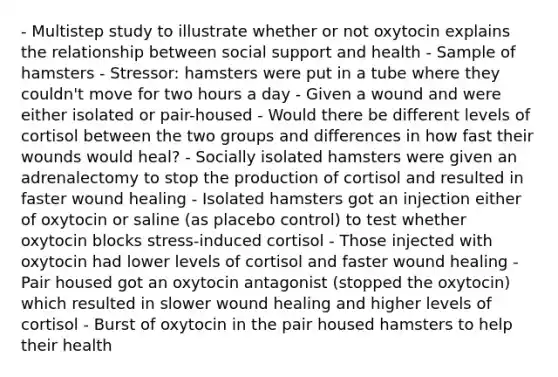 - Multistep study to illustrate whether or not oxytocin explains the relationship between social support and health - Sample of hamsters - Stressor: hamsters were put in a tube where they couldn't move for two hours a day - Given a wound and were either isolated or pair-housed - Would there be different levels of cortisol between the two groups and differences in how fast their wounds would heal? - Socially isolated hamsters were given an adrenalectomy to stop the production of cortisol and resulted in faster wound healing - Isolated hamsters got an injection either of oxytocin or saline (as placebo control) to test whether oxytocin blocks stress-induced cortisol - Those injected with oxytocin had lower levels of cortisol and faster wound healing - Pair housed got an oxytocin antagonist (stopped the oxytocin) which resulted in slower wound healing and higher levels of cortisol - Burst of oxytocin in the pair housed hamsters to help their health