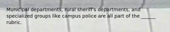 Municipal departments, rural sheriff's departments, and specialized groups like campus police are all part of the ______ rubric.