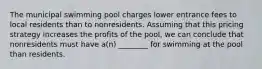 The municipal swimming pool charges lower entrance fees to local residents than to nonresidents. Assuming that this pricing strategy increases the profits of the pool, we can conclude that nonresidents must have a(n) ________ for swimming at the pool than residents.