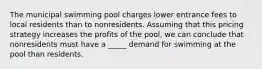 The municipal swimming pool charges lower entrance fees to local residents than to nonresidents. Assuming that this pricing strategy increases the profits of the pool, we can conclude that nonresidents must have a _____ demand for swimming at the pool than residents.