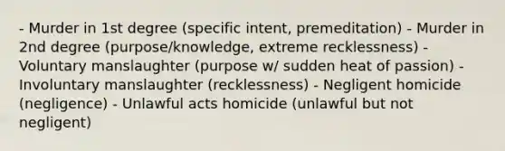 - Murder in 1st degree (specific intent, premeditation) - Murder in 2nd degree (purpose/knowledge, extreme recklessness) - Voluntary manslaughter (purpose w/ sudden heat of passion) - Involuntary manslaughter (recklessness) - Negligent homicide (negligence) - Unlawful acts homicide (unlawful but not negligent)