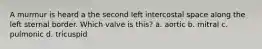 A murmur is heard a the second left intercostal space along the left sternal border. Which valve is this? a. aortic b. mitral c. pulmonic d. tricuspid