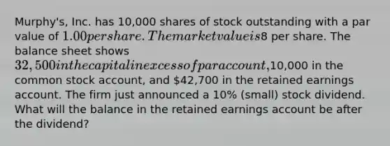 Murphy's, Inc. has 10,000 shares of stock outstanding with a par value of 1.00 per share. The market value is8 per share. The balance sheet shows 32,500 in the capital in excess of par account,10,000 in the common stock account, and 42,700 in the retained earnings account. The firm just announced a 10% (small) stock dividend. What will the balance in the retained earnings account be after the dividend?