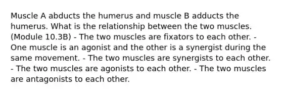 Muscle A abducts the humerus and muscle B adducts the humerus. What is the relationship between the two muscles. (Module 10.3B) - The two muscles are fixators to each other. - One muscle is an agonist and the other is a synergist during the same movement. - The two muscles are synergists to each other. - The two muscles are agonists to each other. - The two muscles are antagonists to each other.