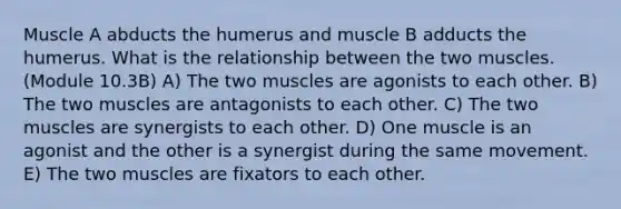 Muscle A abducts the humerus and muscle B adducts the humerus. What is the relationship between the two muscles. (Module 10.3B) A) The two muscles are agonists to each other. B) The two muscles are antagonists to each other. C) The two muscles are synergists to each other. D) One muscle is an agonist and the other is a synergist during the same movement. E) The two muscles are fixators to each other.