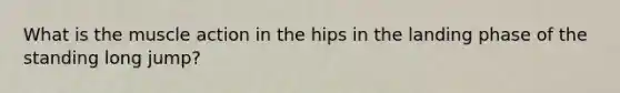 What is the muscle action in the hips in the landing phase of the standing long jump?