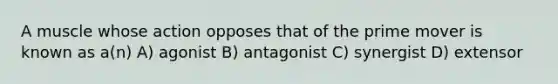 A muscle whose action opposes that of the prime mover is known as a(n) A) agonist B) antagonist C) synergist D) extensor