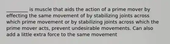 _________ is muscle that aids the action of a prime mover by effecting the same movement of by stabilizing joints across which prime movement or by stabilizing joints across which the prime mover acts, prevent undesirable movements. Can also add a little extra force to the same movement