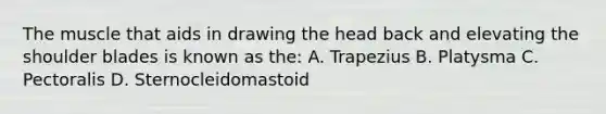 The muscle that aids in drawing the head back and elevating the shoulder blades is known as the: A. Trapezius B. Platysma C. Pectoralis D. Sternocleidomastoid