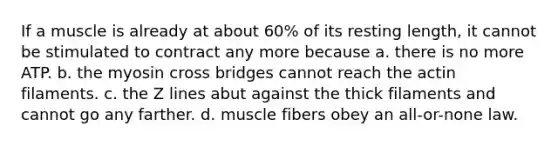 If a muscle is already at about 60% of its resting length, it cannot be stimulated to contract any more because a. there is no more ATP. b. the myosin cross bridges cannot reach the actin filaments. c. the Z lines abut against the thick filaments and cannot go any farther. d. muscle fibers obey an all-or-none law.