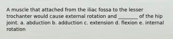 A muscle that attached from the iliac fossa to the lesser trochanter would cause external rotation and ________ of the hip joint. a. abduction b. adduction c. extension d. flexion e. internal rotation