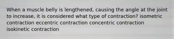 When a muscle belly is lengthened, causing the angle at the joint to increase, it is considered what type of contraction? isometric contraction eccentric contraction concentric contraction isokinetic contraction