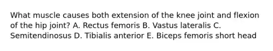 What muscle causes both extension of the knee joint and flexion of the hip joint? A. Rectus femoris B. Vastus lateralis C. Semitendinosus D. Tibialis anterior E. Biceps femoris short head