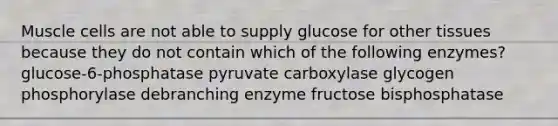 Muscle cells are not able to supply glucose for other tissues because they do not contain which of the following enzymes? glucose-6-phosphatase pyruvate carboxylase glycogen phosphorylase debranching enzyme fructose bisphosphatase