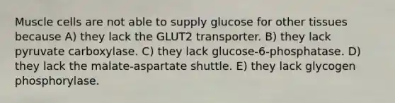 Muscle cells are not able to supply glucose for other tissues because A) they lack the GLUT2 transporter. B) they lack pyruvate carboxylase. C) they lack glucose-6-phosphatase. D) they lack the malate-aspartate shuttle. E) they lack glycogen phosphorylase.